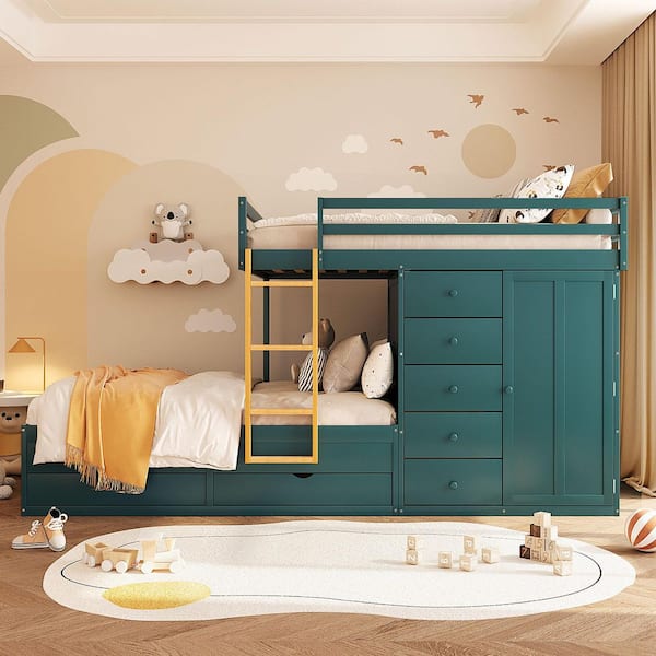 Green Full over Full Bunk Bed with 2 Large Drawers & 5 Small Drawers, MDF & Solid Wood Construction