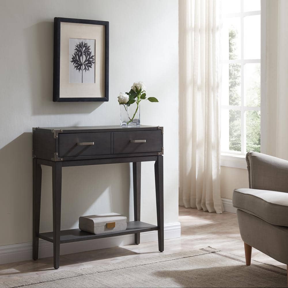 Tiny Gray Wood and Pewter Hallway Table with Storage