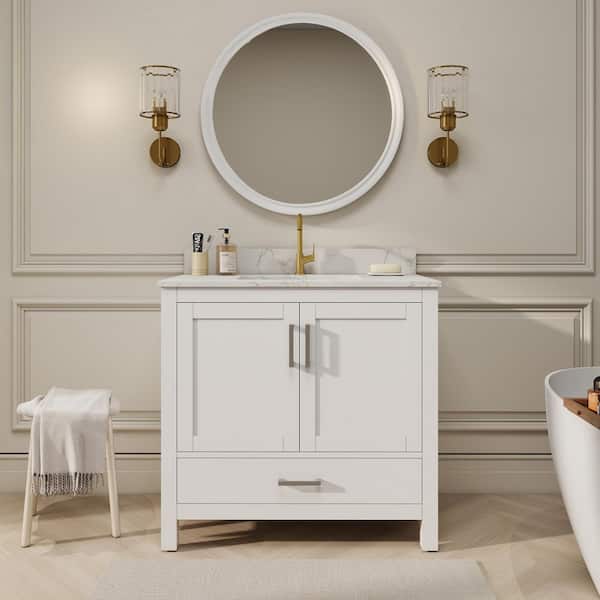 SJ STAR&JANE Thera 36 in. W x 22 in. D x 34 in. H Bath Vanity in White with Veneto Carrara Marble Top with Basin