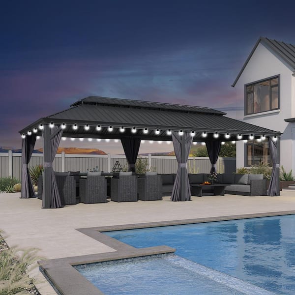 14 ft. x 28 ft. Gray Patio Outdoor Gazebo for Backyard Hardtop Aluminum Frame with Hooks, Netting, Curtain 48 Lights