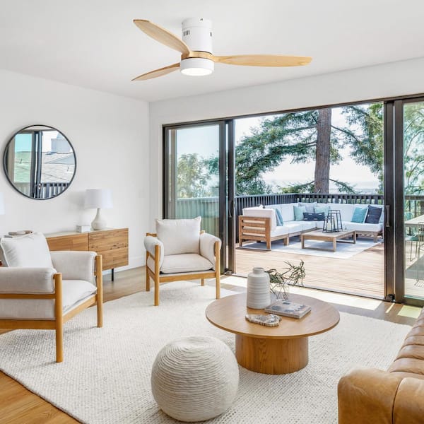 52 in. Integrated LED Indoor/Outdoor Wood White Flush Mount Ceiling Fan with Light and Remote Control