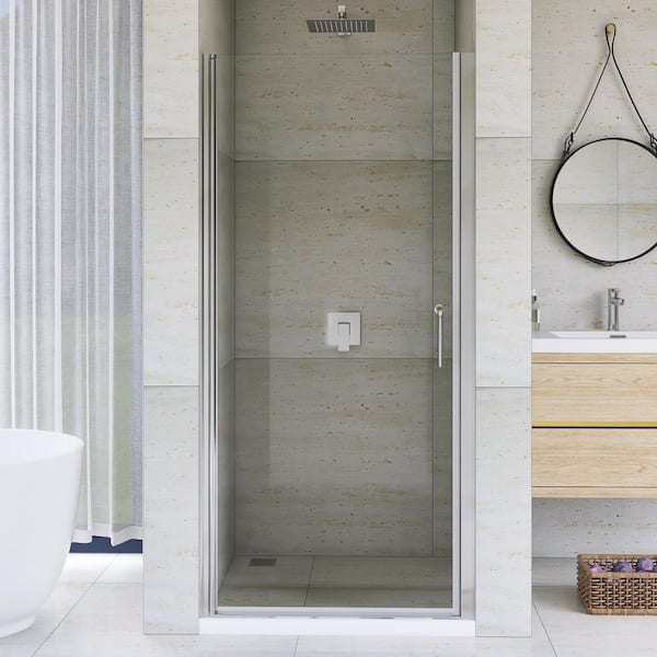 32-34 in. W x 72 in. H Pivot Semi-Frameless Shower Door in Brushed Nickel with Clear Glass