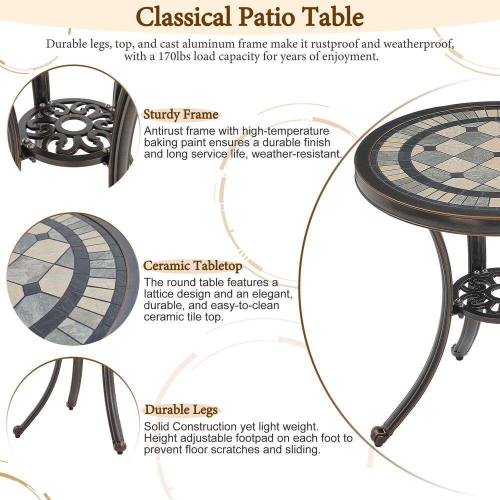 Bronze Round Cast Aluminum Outdoor Dining Table with Ceramic Top
