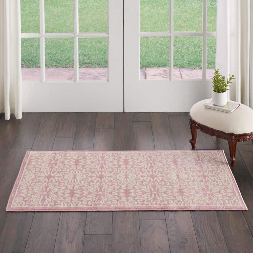 Hand-Knotted Ivory/Pink Floral Synthetic Easy-Care Rug 2' x 4'