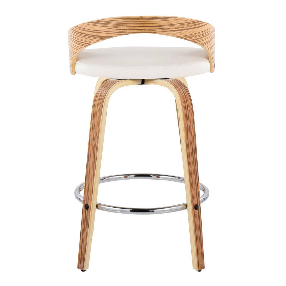 White PU and Zebra Wood Swivel Counter Stools with Chrome Footrest
