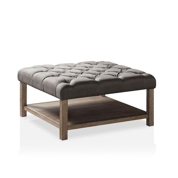 Furniture of America Errona Light Gray and Natural Tone Square Button Tufted Ottoman