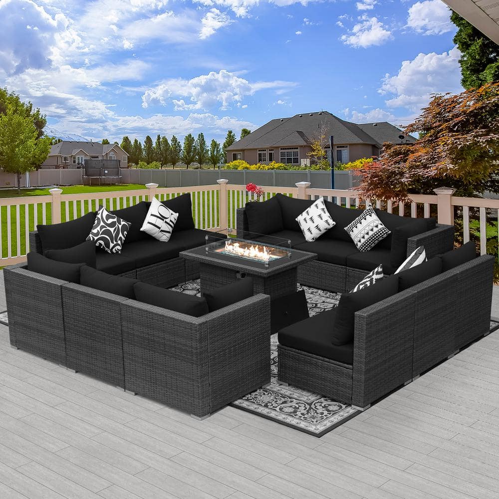 Large Gray 13-Piece 12-Seats Wicker Patio Fire Pit Sofa Set with Light Black Cushions and 43 in. Fire Pit Table price history on PriceWatchPro