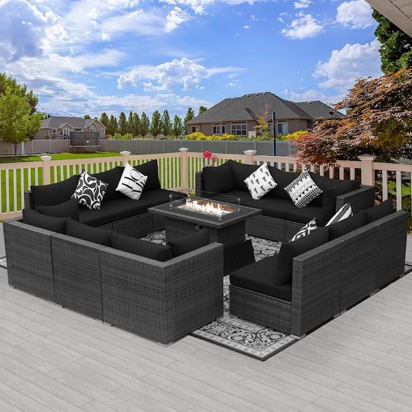 FINCATI Large Gray 13-Piece 12-Seats Wicker Patio Fire Pit Sofa Set with Light Black Cushions and 43 in. Fire Pit Table