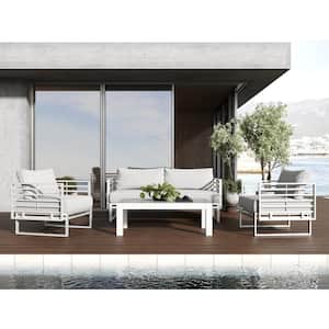 Renava Wharf White 4-Piece Aluminum Patio Conversation Set with Light Grey Cushions