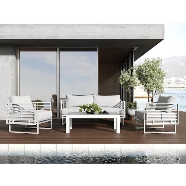 Unbranded Renava Wharf White 4-Piece Aluminum Patio Conversation Set with Light Grey Cushions