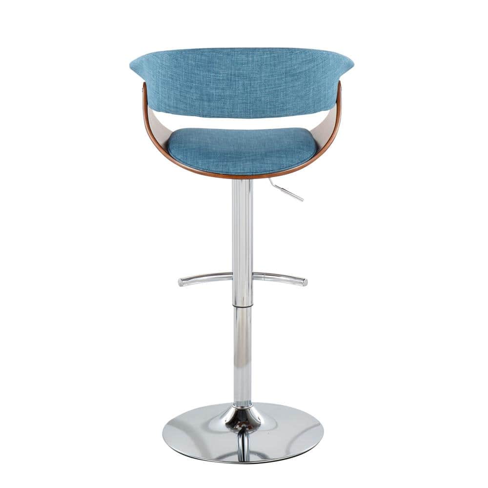 Set of 2 Blue Adjustable Swivel Bar Stools with Walnut Wood and Chrome Base
