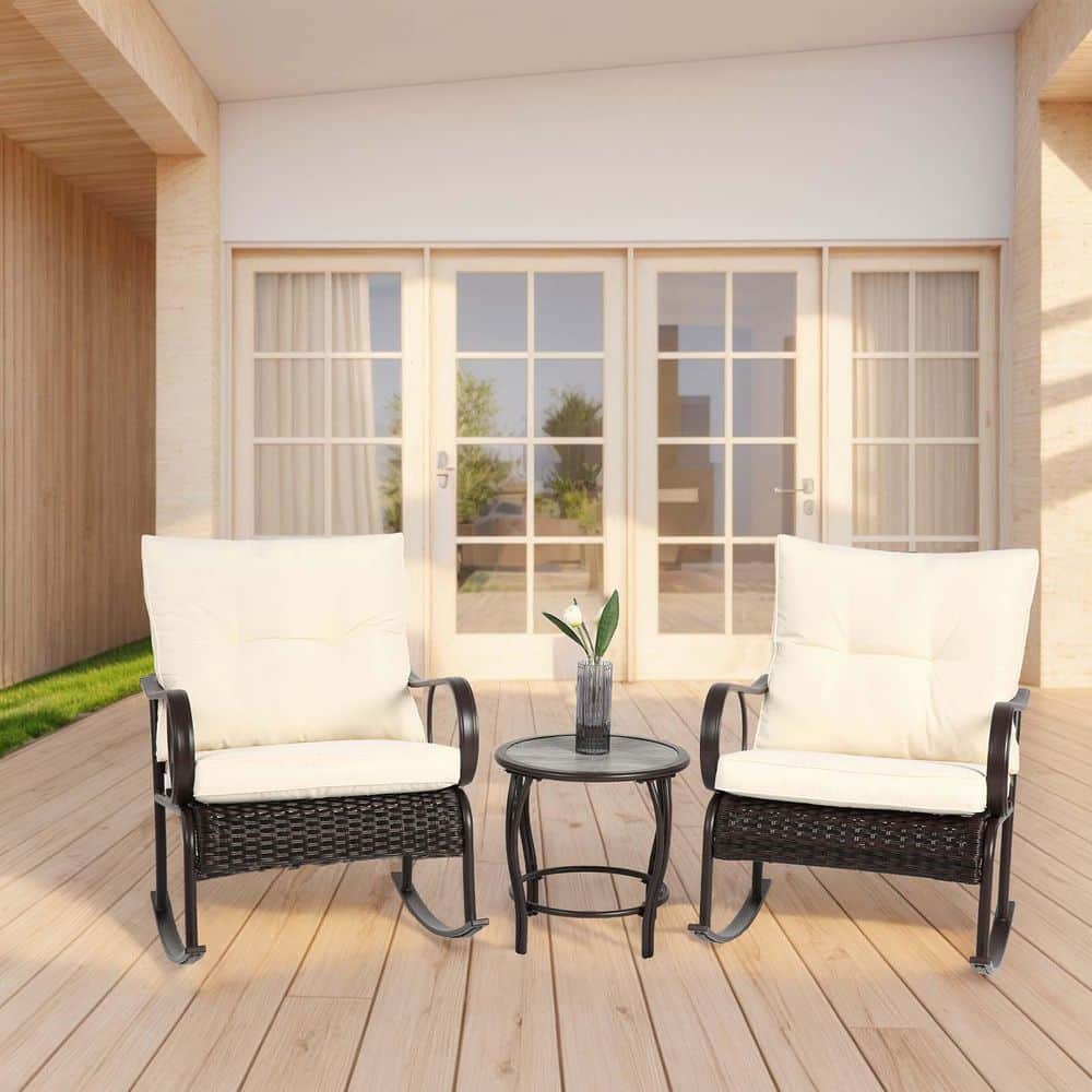 3-Piece Metal Patio Outdoor Bistro Set with Cushion, Rattan Rocking Convers