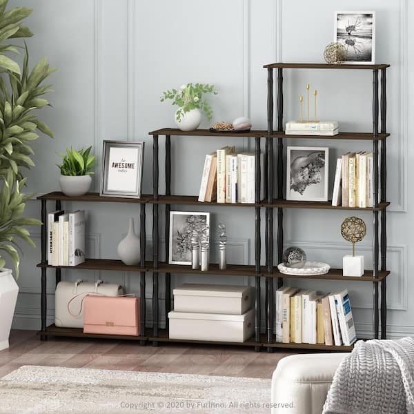 Furinno 43.25 in. Tall Columbia Walnut/Black Wood 4-Shelves Etagere ...