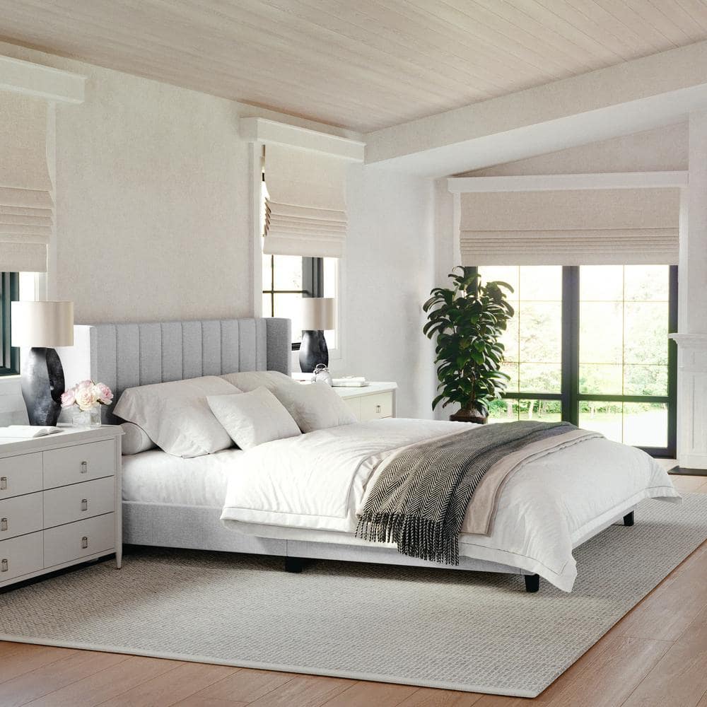 Gray King Upholstered Platform Bed with Linen Wingback Headboard
