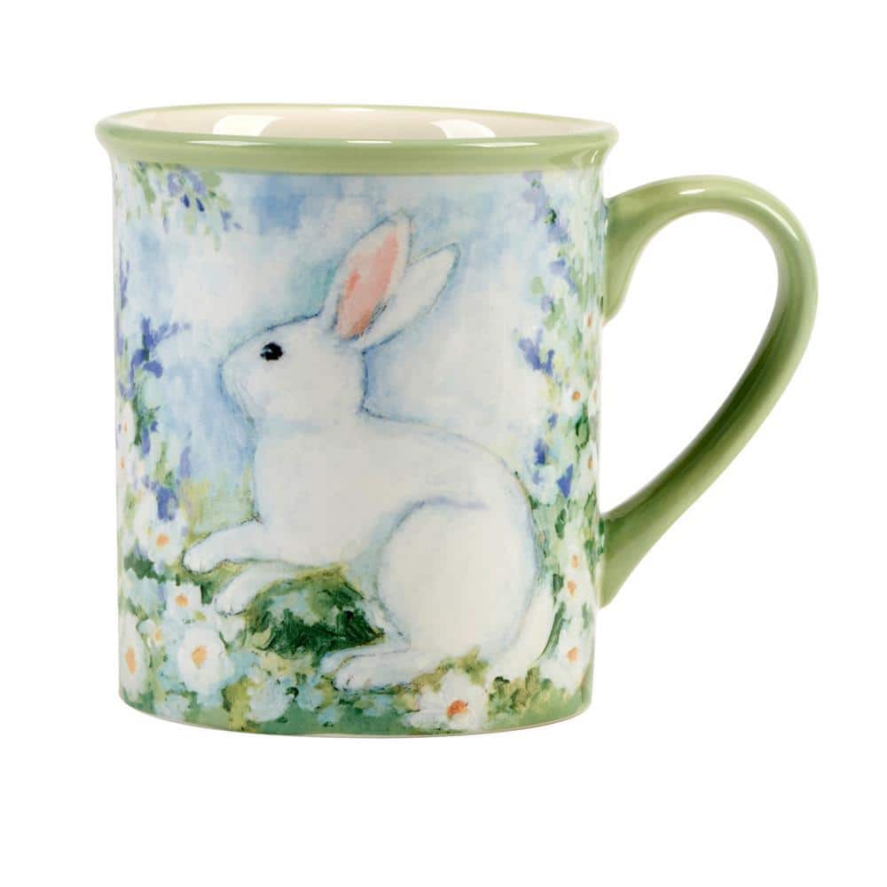 Springtime Bunny Blue Ceramic 18 oz Mugs, Set of 4