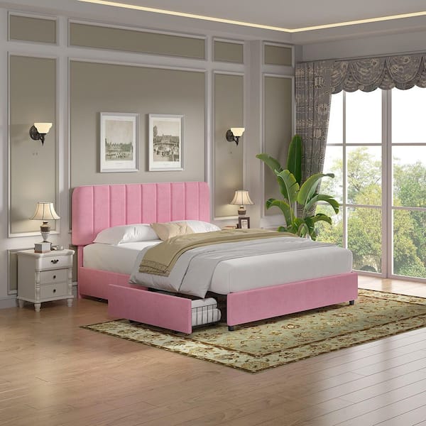 VECELO Upholstered Bed Pink Metal Frame Full Size Platform Bed with 4-Storage Drawers and Headboard, Wooden Slats Support