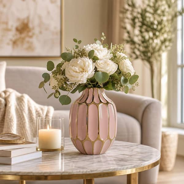 Liv & Skye 8 in. Pink/Gold Ceramic Bud Modern Decorative Vase