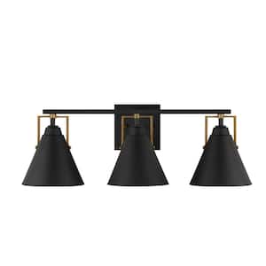 Insdale 3-Light Matte Black Modern Bathroom Vanity Light with Satin Brass Accents