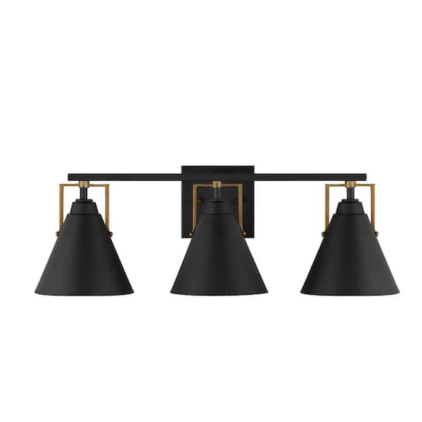 Home Decorators Collection Insdale 3-Light Matte Black Modern Bathroom Vanity Light with Satin Brass Accents