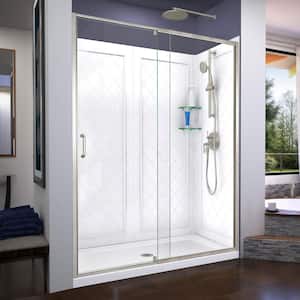 Flex 60 in. x 72 in. Semi-Frameless Pivot Shower Door in Brushed Nickel with 60 in. x 34 in. Base and Wall in White