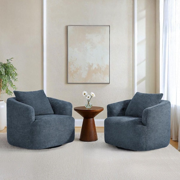 Navy Chenille Fabric Upholstered 360° Swivel Accent Arm Chair Metal Base U-Shaped Swivel Barrel Chair (Set of 2)