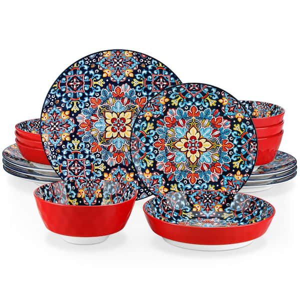 vancasso 16-Piece Red Porcelain Dinnerware Set Service for 4 Bohemian Style Bowls and Plates Set Dining Set Tableware Set