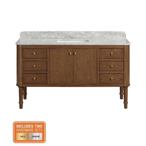 Collette 60 in. Single Sink Freestanding Bathroom Vanity in Cinnamon Oak with Carrara White Marble Top (Assembled)