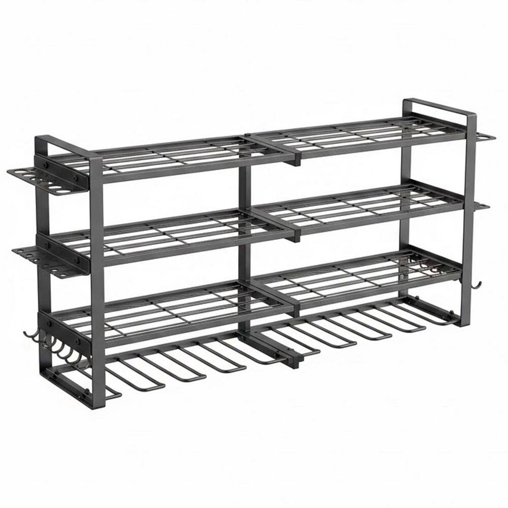 4-Tier 8-Drill Holder Black Metal Heavy Duty Wall Rack with Hooks and Shelves for Garage Tool Organization price history on PriceWatchPro
