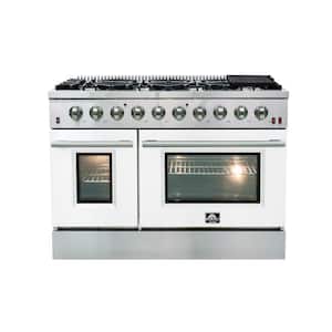 48 in. 6.58 cu. ft. Freestanding Double Oven Gas Range with 8 Italian Burners in. Stainless Steel with White Door