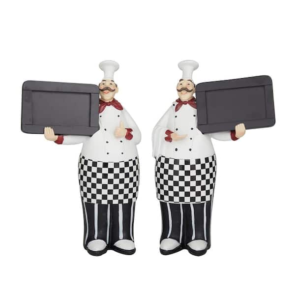 Litton Lane Black Polystone Chef Sculpture with Chalkboards (Set of 2)