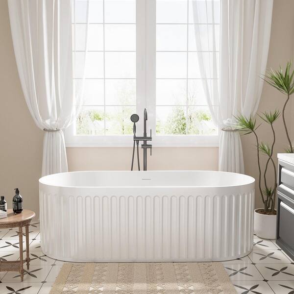 67 in. x 30 in. Solid Surface Stone Resin Freestanding Soaking Bathtub with Center Drain, Drainer, Hose in Matte White