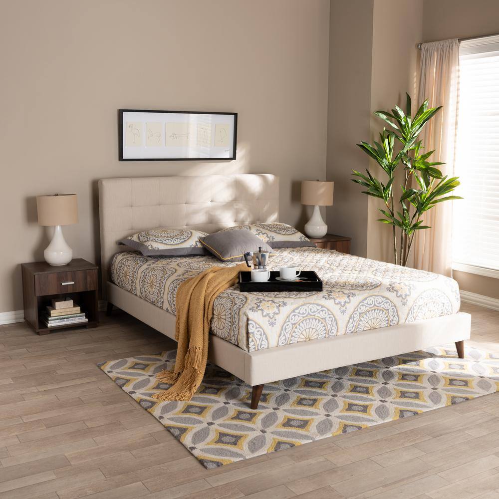Maren Mid-Century Beige Fabric Queen Platform Bed with Nightstands