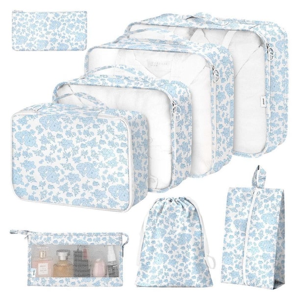 8-Set Packing Cubes for Suitcases, Travel Essentials Organization with Shoe and Cosmetics Bags, Clothing Storage, Blue