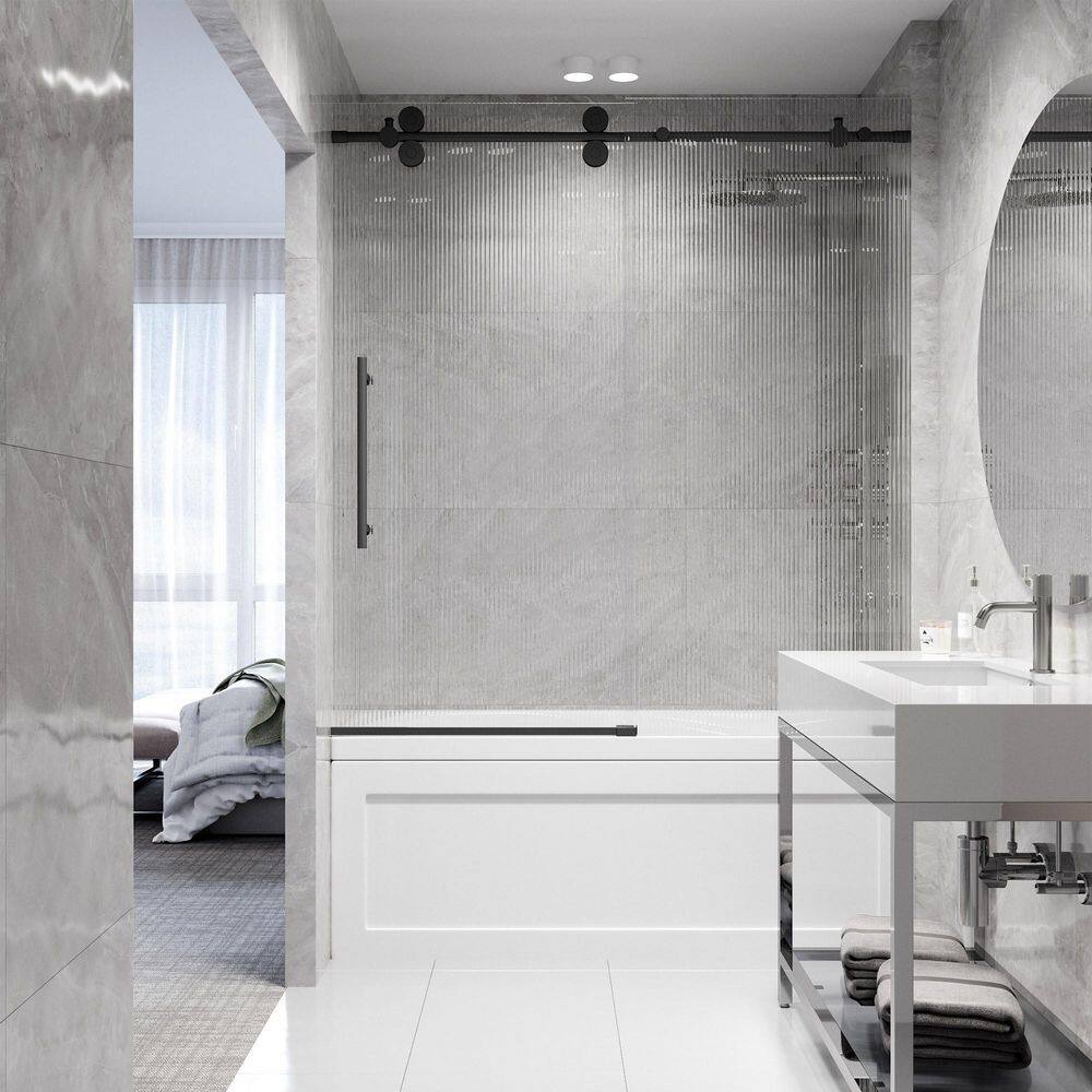 Elan 60" Matte Black Frameless Sliding Tub Door with Fluted Glass