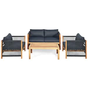 4 Pcs Acacia Wood Outdoor Patio Furniture Set with Cushions-Gray