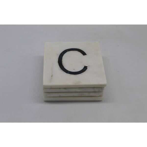 Jodhpuri White Marble Coasters with Black Marble Monogram "C" (4 pc set)