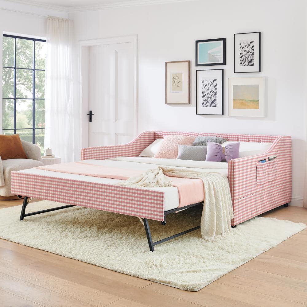 Pink Full Size Upholstered Convertible Daybed with Tufted Button Backrest, Trundle and Side Storage