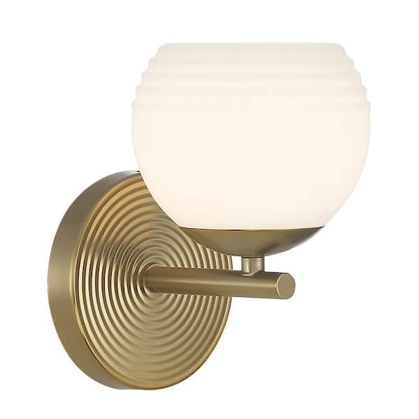 Designers Fountain Moon Breeze 5.5 in. 1-Light Brushed Gold Modern Wall Sconce with Etched Opal Glass Shade, G9 Xenon Bulb Included