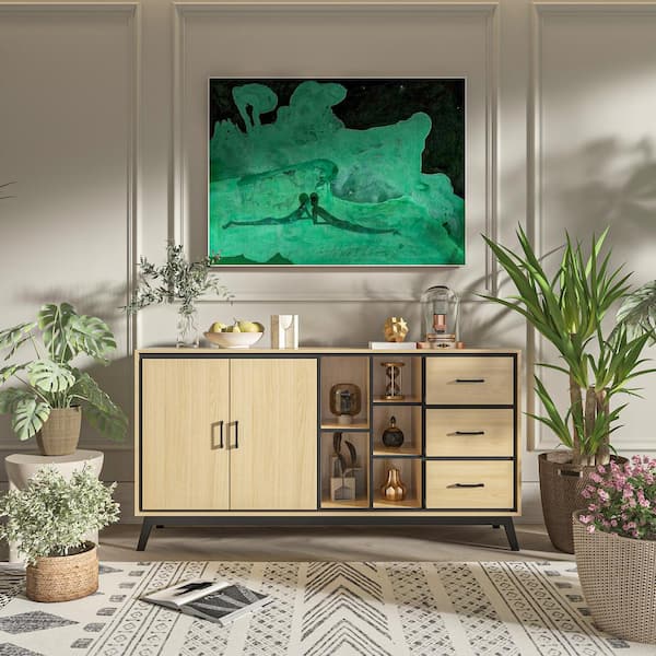 FUFU&GAGA Burly Wood Color and Black 3 Drawers 61.4 in. Width Wooden Dresser, Storage Cabinet with 2 Doors and 5 Open Shelves