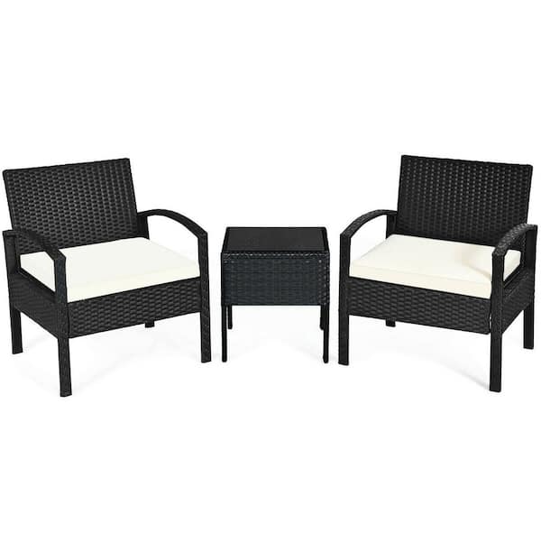 Costway Black 3-Piece Rattan Wicker Patio Conversation Set Backyard Garden Seating Furniture with Off White Cushions