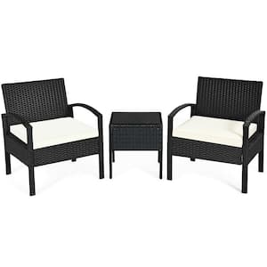 Black 3-Piece Rattan Wicker Patio Conversation Set Backyard Garden Seating Furniture with Off White Cushions