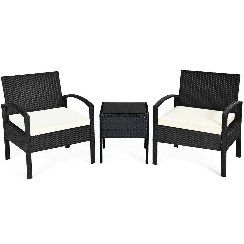 3-Pieces Patio Rattan Furniture Set Conversation Sofa with White Cushion Coffee Table Garden price history on PriceWatchPro