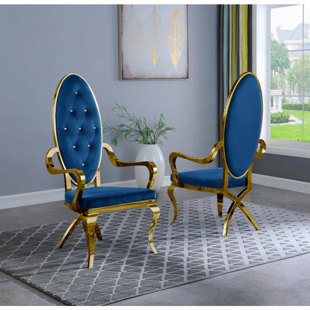 Navy Blue Velvet Tufted Accent Chairs with Gold Stainless Steel Legs (Set of 2)
