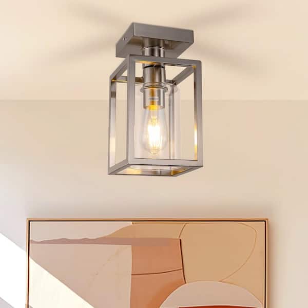 YANSUN 5.51 in. Nickel 1-Light Farmhouse Cage Semi Flush Mount Ceiling Light with Glass Shade for Living Room, Bedroom