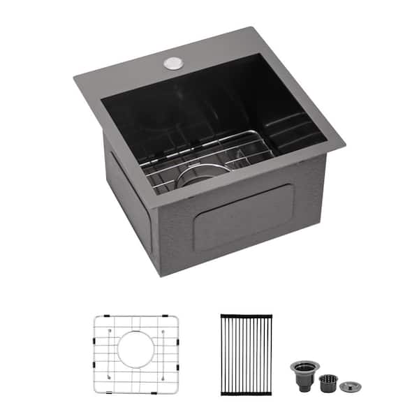 15 in. Drop-In Single Bowl 16 Gauge Stainless Steel Bar/Rv Kitchen Sink with Bottom Grid and Strainer Drain