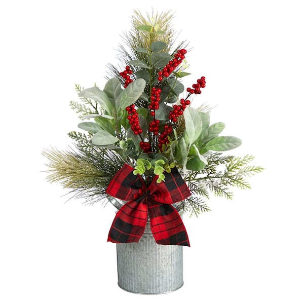 Nearly Natural 20 in. Unlit Holiday Winter Greenery, Pinecone and Berries with Buffalo Plaid Bow Artificial Christmas Table Arrangement