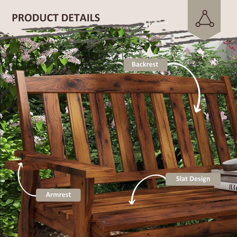 Outsunny Carbonized Fir Wood 2-Person Garden Bench with Cupholders