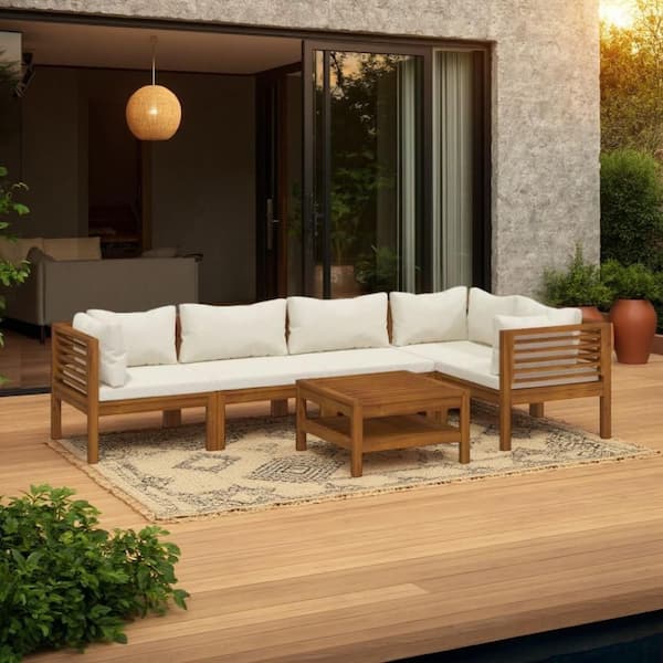 Lave Ivory and Brown 6-Piece Wood Patio Conversation Set with Modular L Sofa and Coffee Table