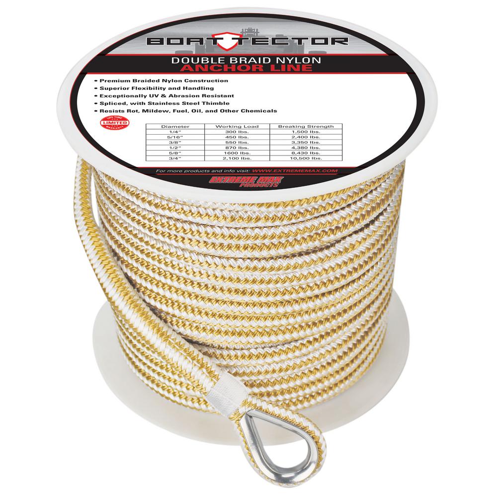 1/2 in. x 200 ft. BoatTector Double Braid Nylon Anchor Line with Thimble in White and Gold