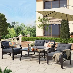 4-Piece Wood Patio Conversation Sofa Set with Gray Cushions